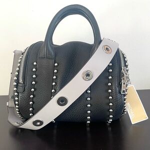 NWT Michael Kors Leather Grommet Guitar Crossbody Shoulder Bag Strap Pearl Grey